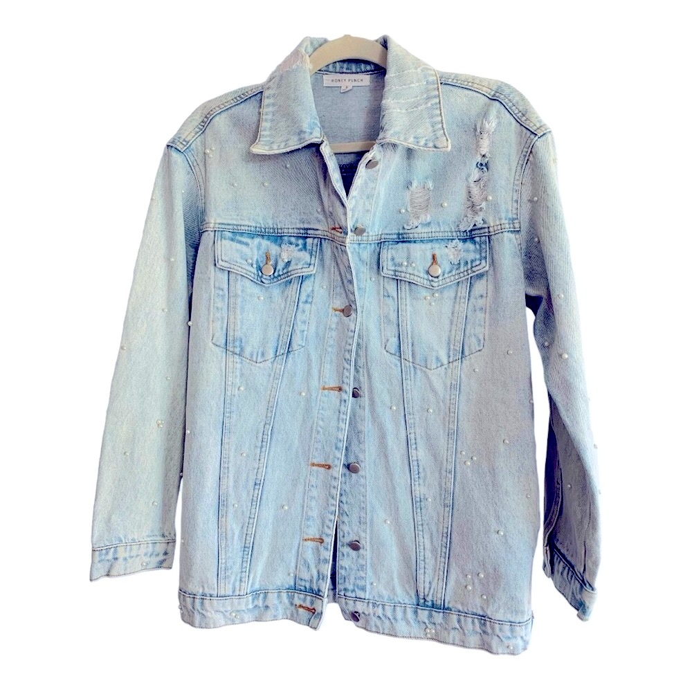 Honey Punch Pearl Embellished Jean Jacket Sz S - Picture 3 of 6